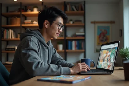 Jeune homme lisant manga One Piece sur son ordinateur