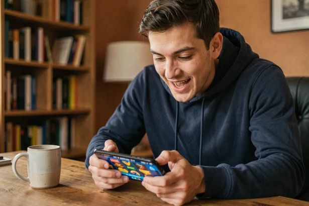 Jeune homme jouant à Coin Master sur smartphone avec des spins gratuits affichés à l'écran