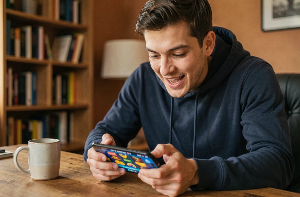 Jeune homme jouant à Coin Master sur smartphone avec des spins gratuits affichés à l'écran