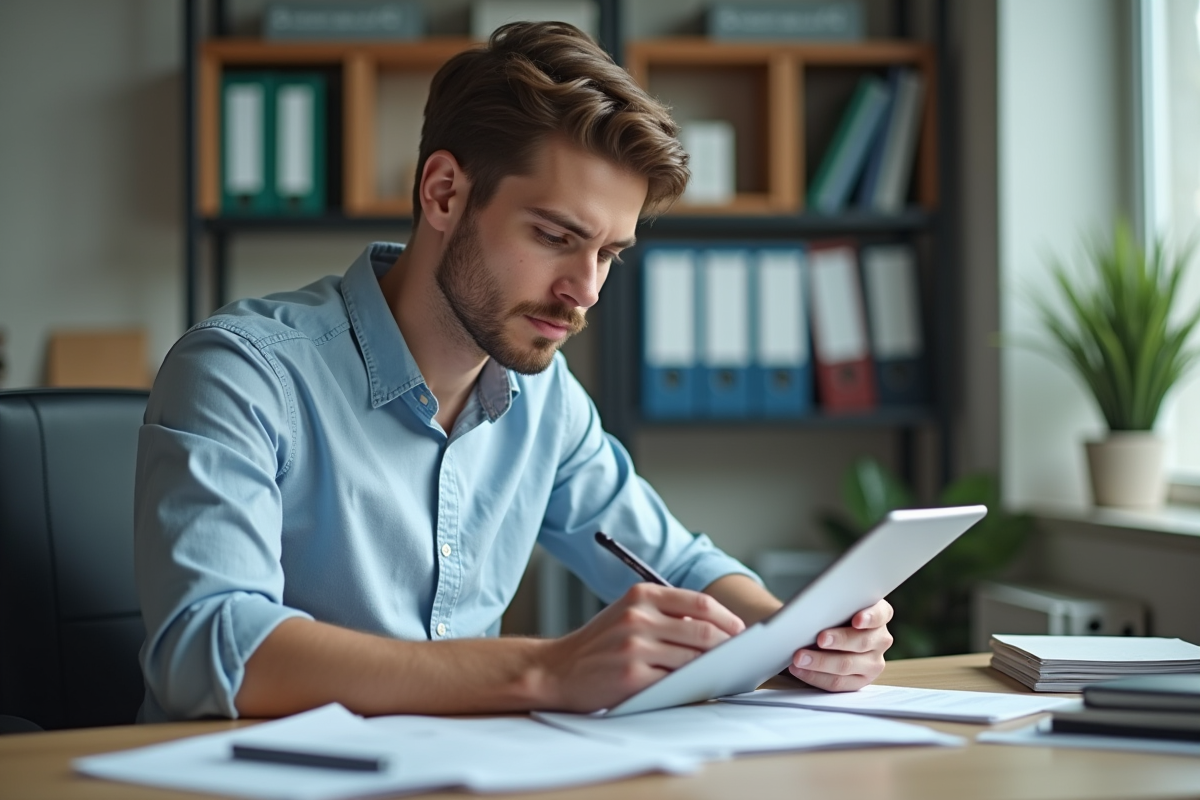 Jeune homme examinant des relevés de prêt étudiant à son bureau professionnel