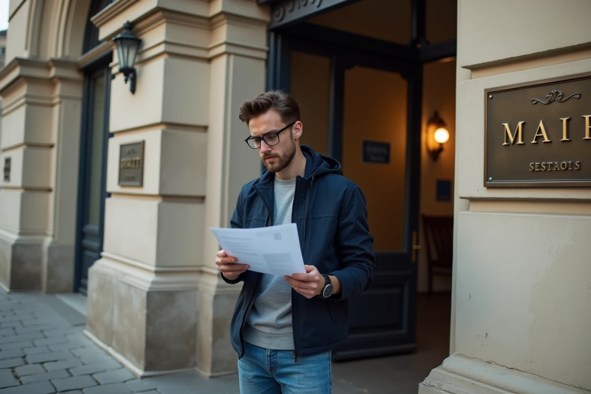 Jeune homme regardant des documents devant la mairie
