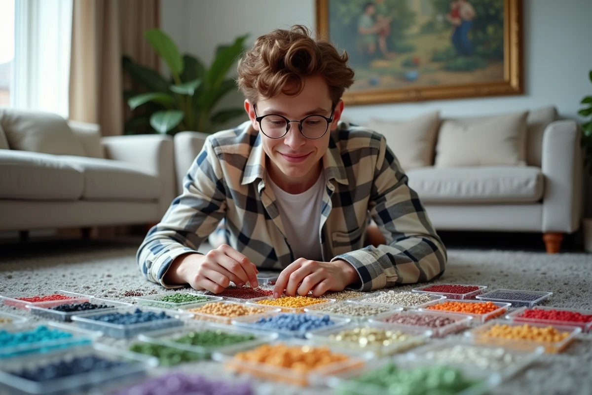 Jeune homme concentré sur un tableau de diamant dans un salon lumineux