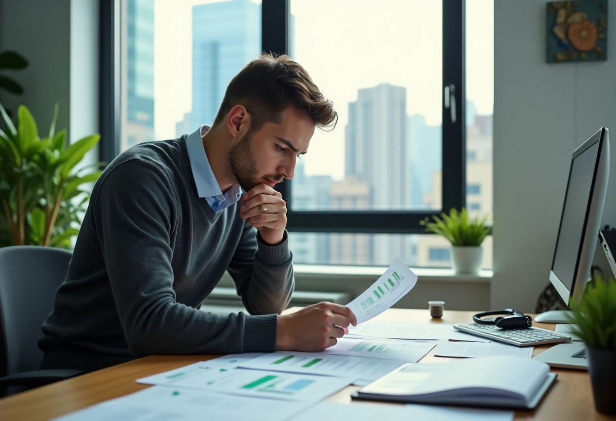 Jeune homme étudiant des graphiques écologiques au bureau