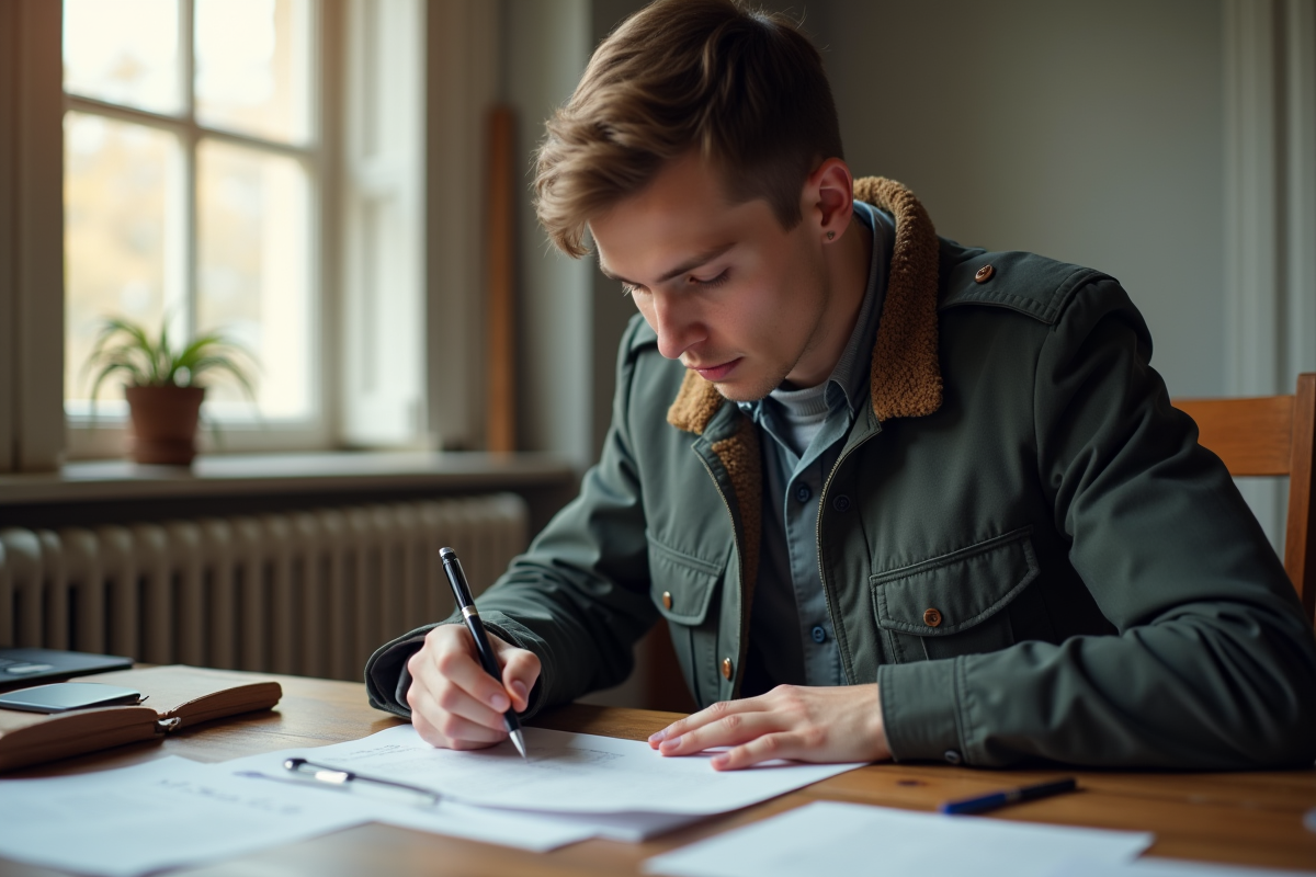Jeune homme remplissant un formulaire d'emploi dans un bureau lumineux