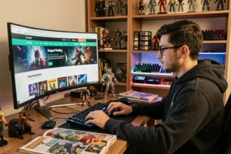 Jeune homme geek passionné consultant un blog geek sur grand écran dans un bureau décoré de figurines et gadgets technologiques
