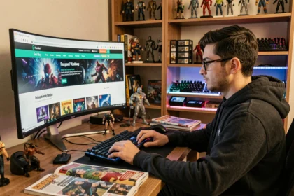Jeune homme geek passionné consultant un blog geek sur grand écran dans un bureau décoré de figurines et gadgets technologiques