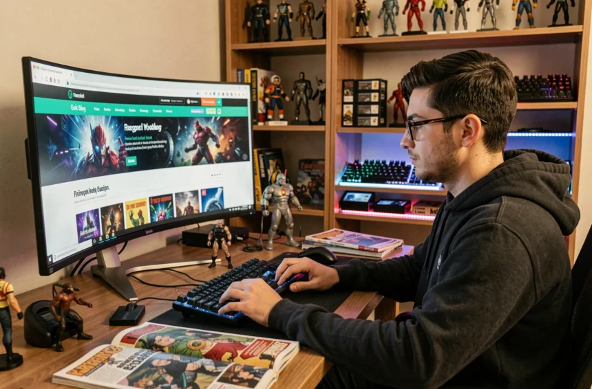 Jeune homme geek passionné consultant un blog geek sur grand écran dans un bureau décoré de figurines et gadgets technologiques