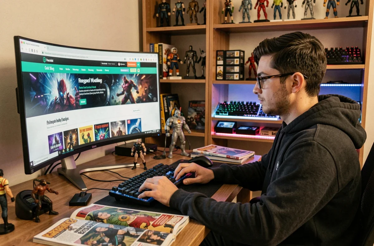 Jeune homme geek passionné consultant un blog geek sur grand écran dans un bureau décoré de figurines et gadgets technologiques