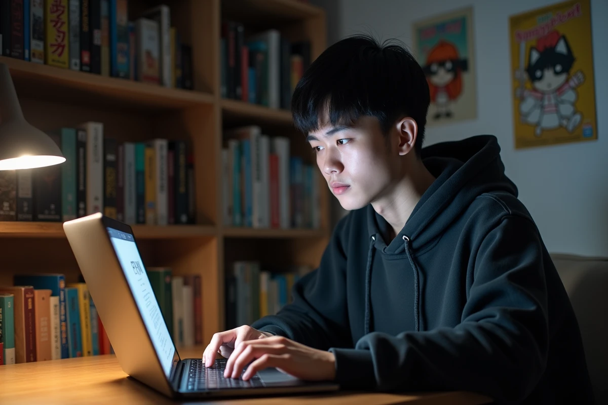 Jeune homme consultant le site Mangaforftee sur un ordinateur portable dans une chambre décorée de mangas