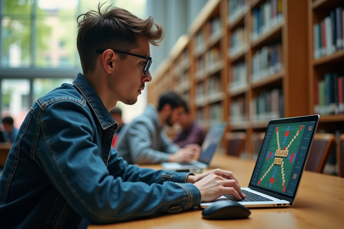 Jeune homme en bibliothèque jouant au Scrabble numérique