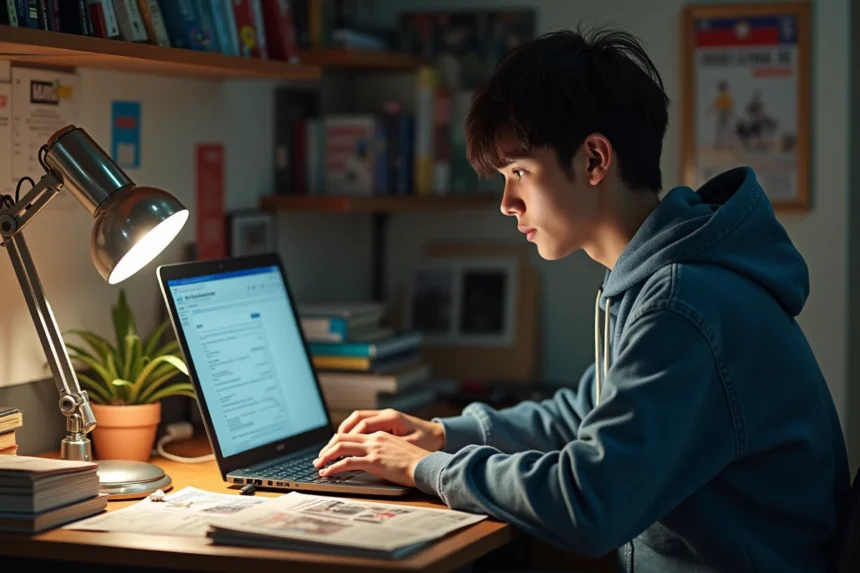 Jeune homme concentré devant son ordinateur dans sa chambre manga