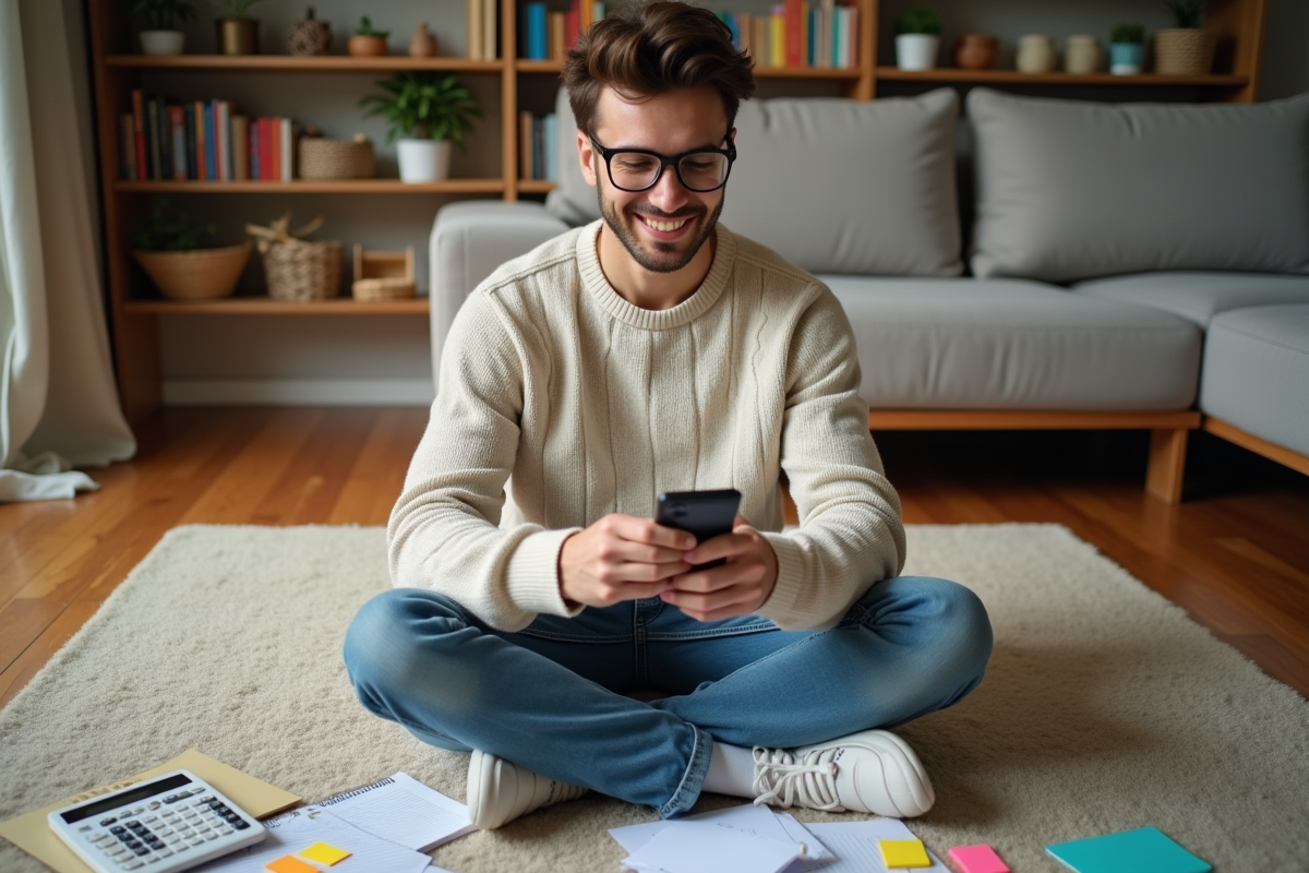 Jeune homme organisant des notes colorées à la maison