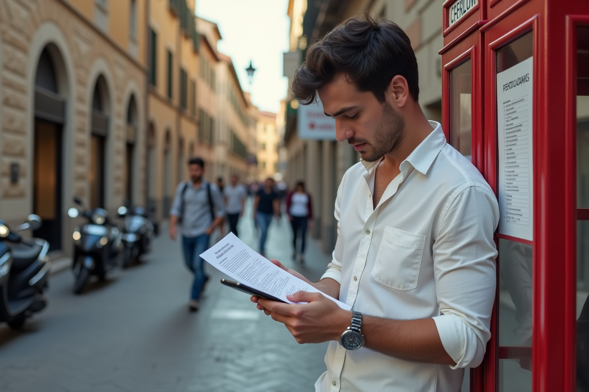 Jeune homme utilisant un téléphone devant une cabine italienne