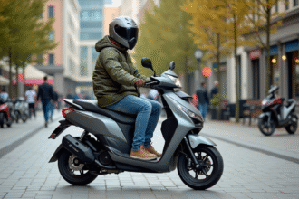 Jeune homme en ville avec scooter moderne et casque