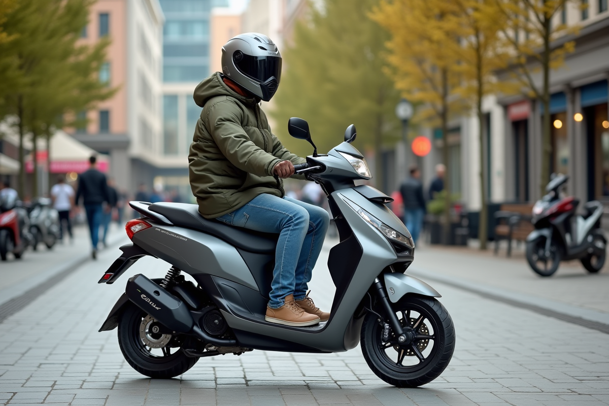 Jeune homme en ville avec scooter moderne et casque