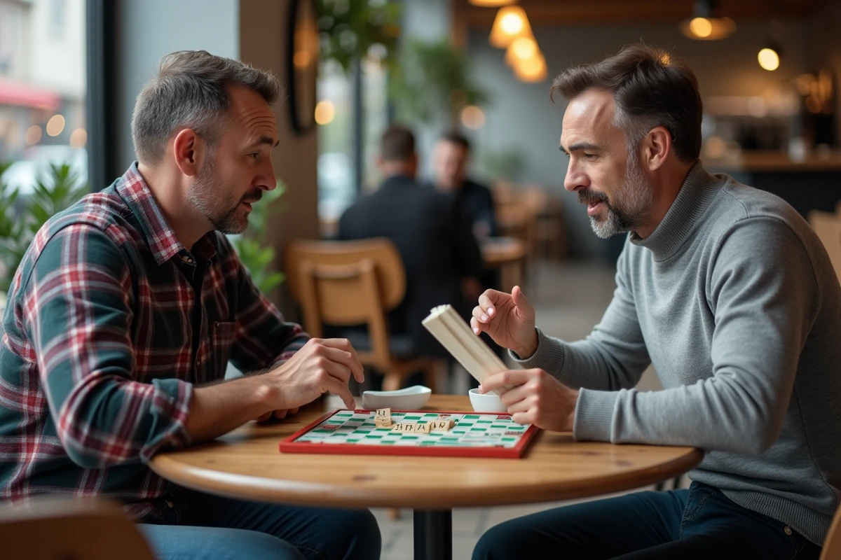 Deux hommes jouant au Scrabble dans un café et consultant les règles ACE sur les mots anglais acceptés en compétition en 2026