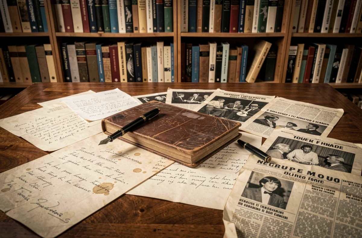 Journal et coupures de presse des années 70 sur un bureau en bois, illustrant l'enquête autour d'une mort controversée