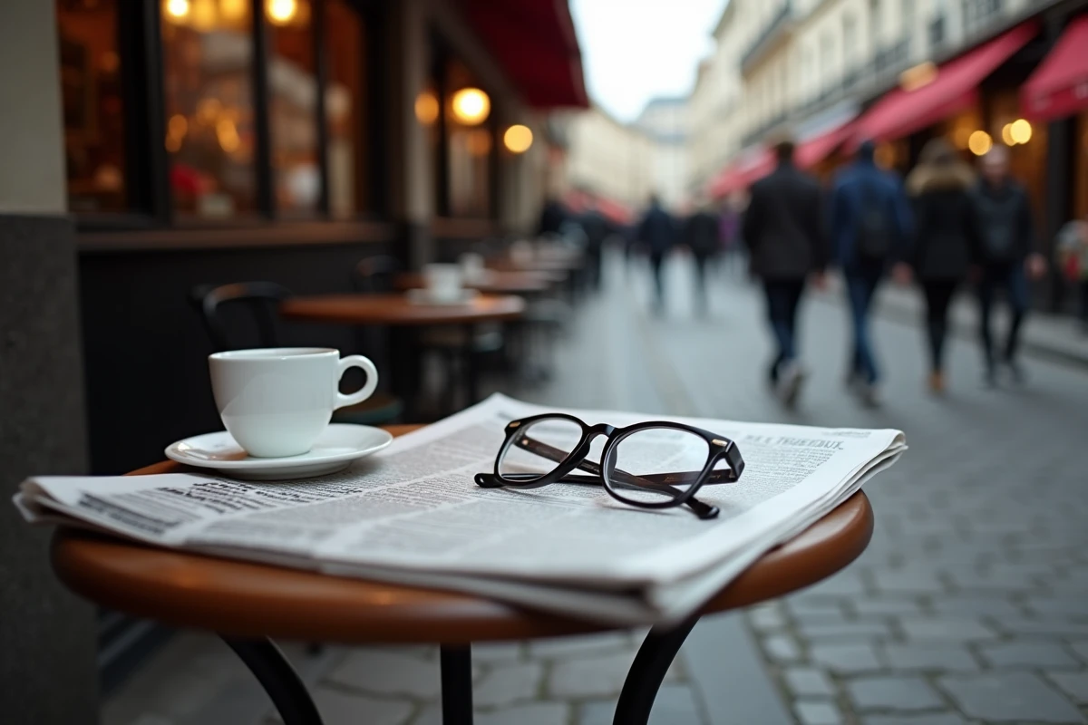 Journal sur table devant bistro parisien