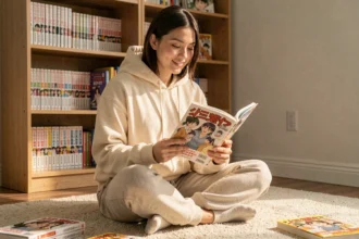 Jeune femme lisant un manga dans sa chambre entourée d'une collection de mangas sur une étagère en bois