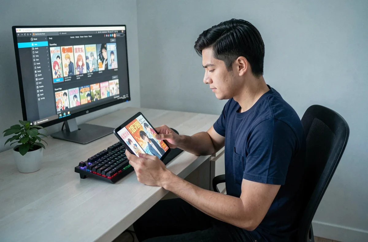 Jeune homme lisant des mangas en ligne sur une tablette à son bureau avec une interface de plateforme légale visible