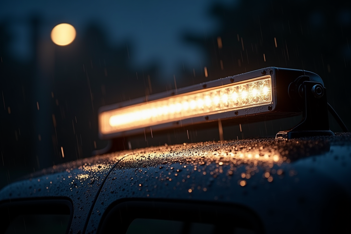 Barre LED allumee sur un 4x4 avec gouttes d