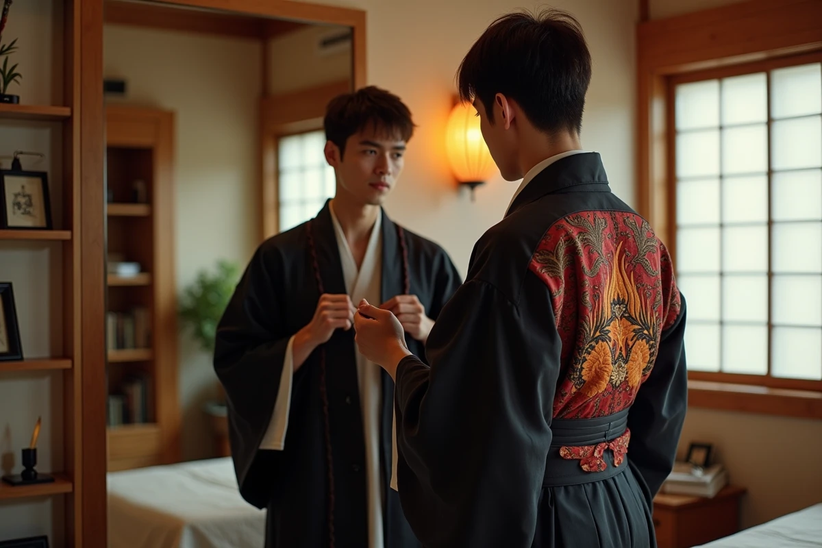 Homme ajustant son haori à motifs de flammes inspiré de Rengoku devant un miroir dans une chambre au décor japonais