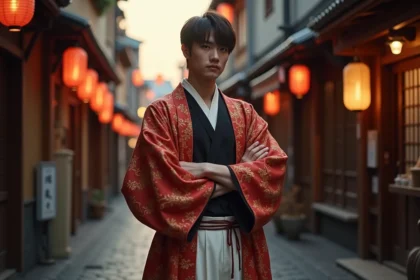 Jeune homme portant un haori à motifs de flammes inspiré de Rengoku de Demon Slayer dans une rue japonaise traditionnelle