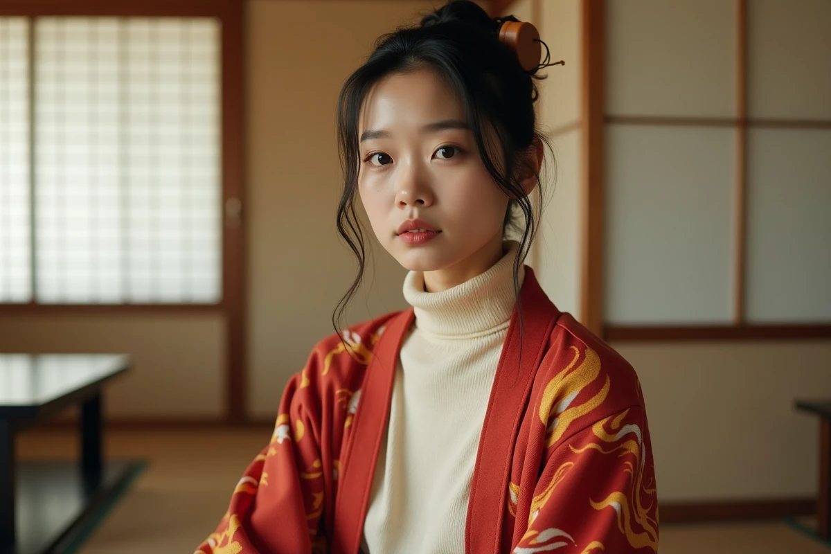 Jeune femme en tenue quotidienne inspirée de Rengoku avec un cardigan kimono à motifs flammes dans un salon de thé japonais