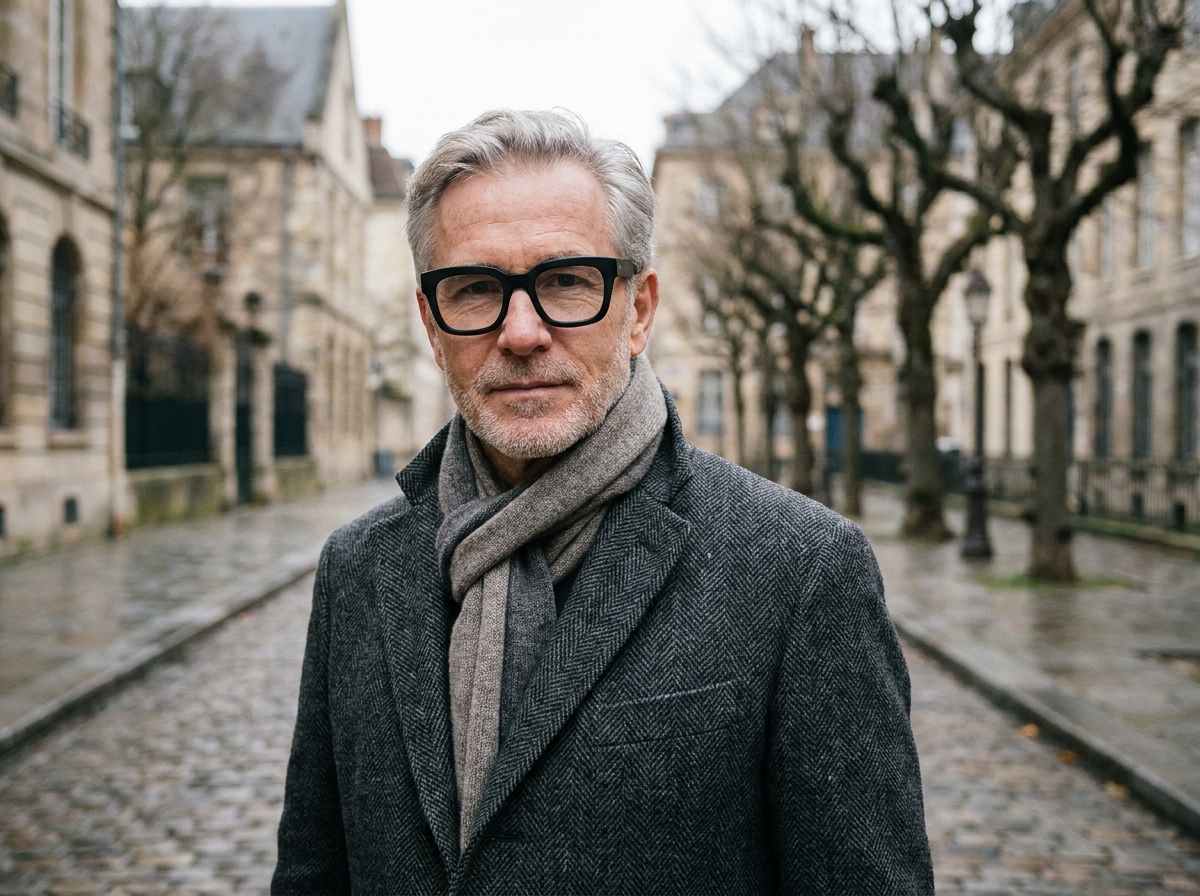 Homme mature en manteau à chevrons portant des lunettes carrées noires dans une rue pavée européenne