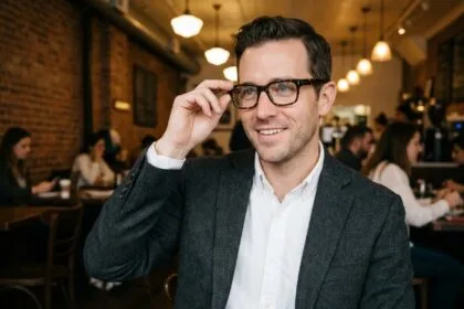 Homme élégant portant des lunettes rectangulaires écaille de tortue dans un café urbain tendance