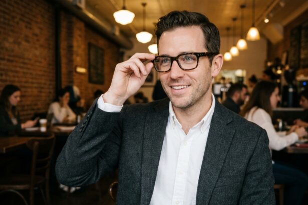 Homme élégant portant des lunettes rectangulaires écaille de tortue dans un café urbain tendance