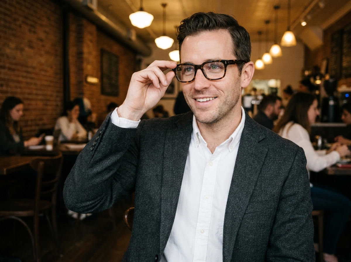 Homme élégant portant des lunettes rectangulaires écaille de tortue dans un café urbain tendance