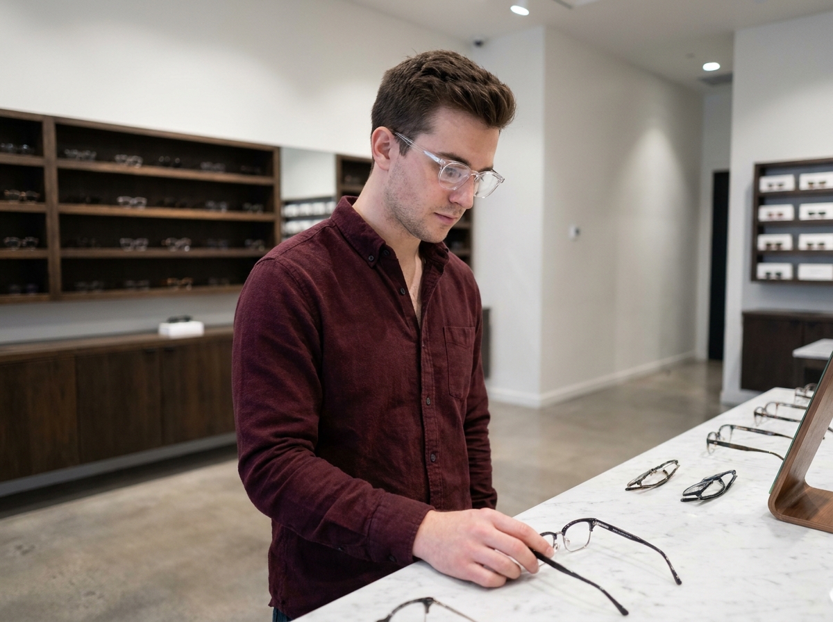 Jeune homme essayant des lunettes transparentes en acétate dans une boutique d'optique moderne et minimaliste