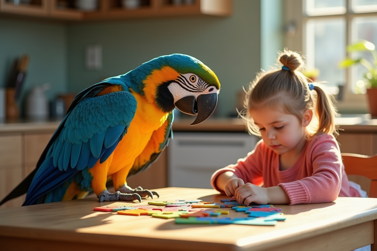 Ara bleu et jaune avec une jeune fille jouant à un puzzle à la cuisine