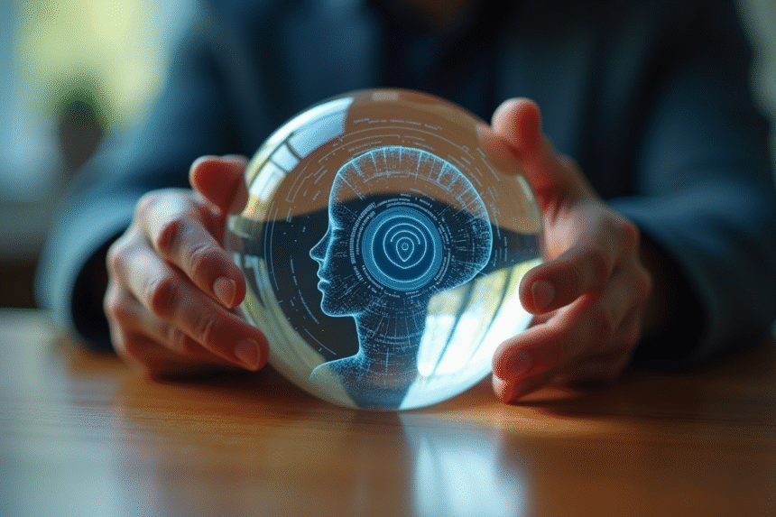 Main tenant une boule de cristal avec interface chatbot refletée