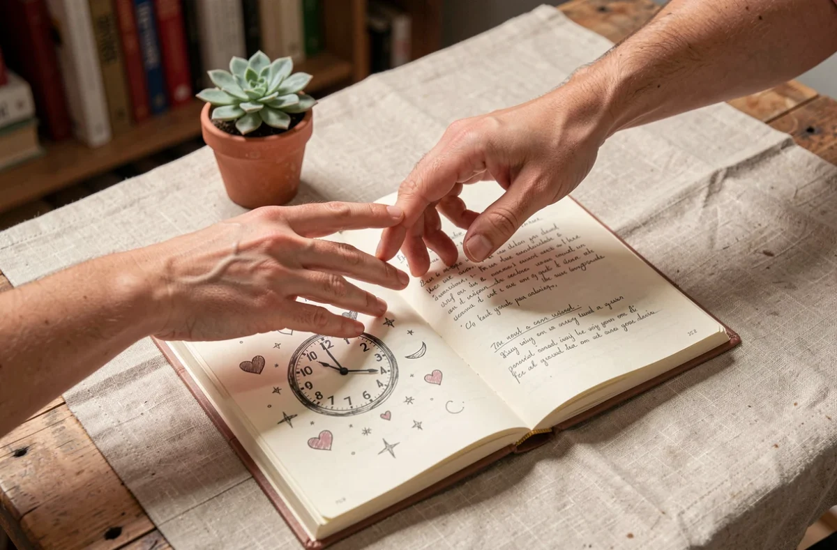 Deux mains se rejoignant au-dessus d'un journal intime ouvert avec un dessin d'horloge à 10h10, symbole de la connexion entre flammes jumelles et amour spirituel