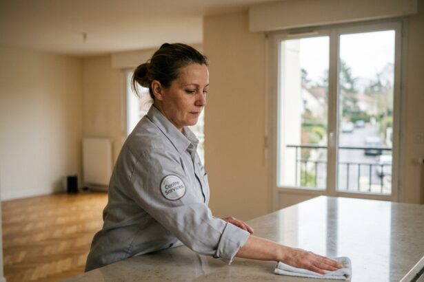 Professionnelle de ménage Centre Services en uniforme gris essuyant un plan de travail dans une cuisine moderne d'un appartement à Montmorency