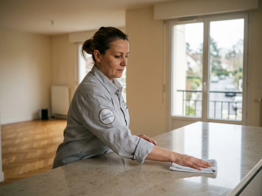 Professionnelle de ménage Centre Services en uniforme gris essuyant un plan de travail dans une cuisine moderne d'un appartement à Montmorency