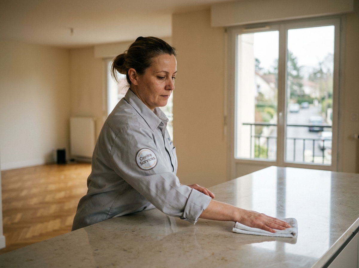 Professionnelle de ménage Centre Services en uniforme gris essuyant un plan de travail dans une cuisine moderne d'un appartement à Montmorency