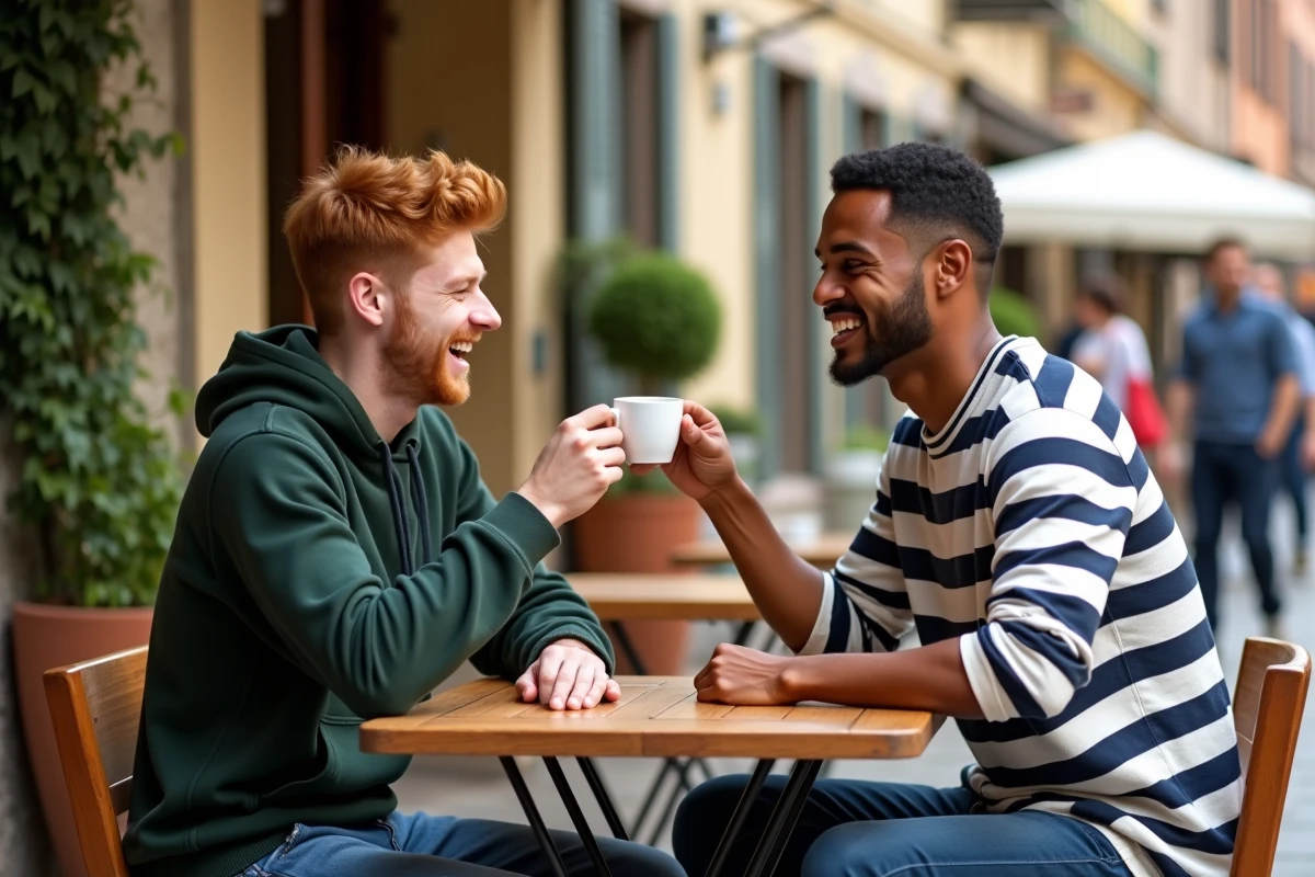 Deux amis portant un toast dans un café en terrasse, illustrant comment exprimer sa gratitude en espagnol entre amis