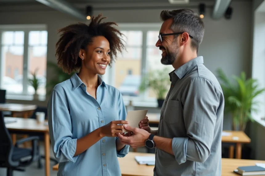 Femme remerciant un collègue avec un mot écrit à la main dans un bureau moderne, illustrant comment dire merci en espagnol au travail