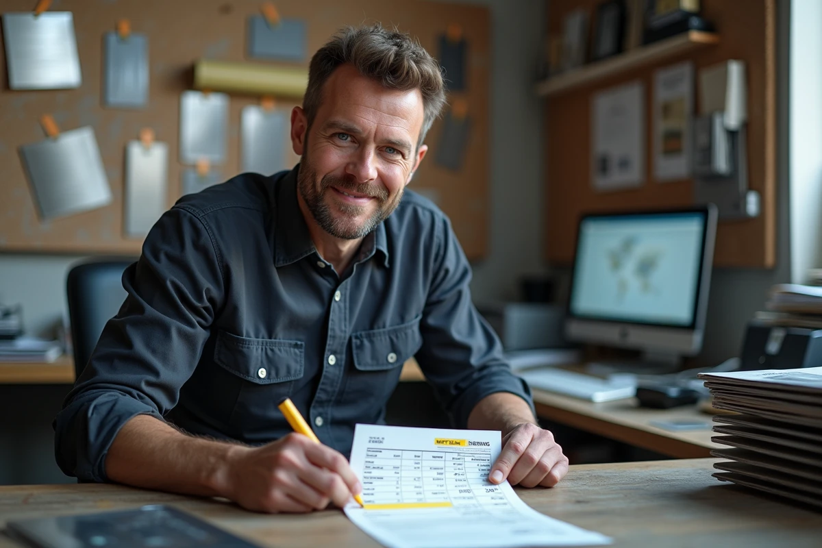Ouvrier métallurgiste analysant une facture fournisseur avec les prix au kilo de l'inox dans un bureau de chantier