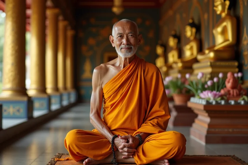 Moine bouddhiste thaï âgé en robe safran assis en méditation dans un temple orné de Chiang Mai, illustrant le titre monastique Luang Por