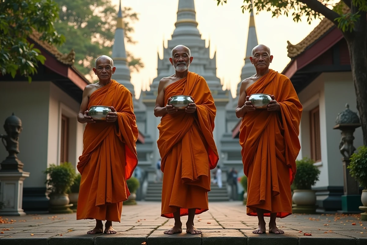 Groupe de moines bouddhistes thaïs de différents rangs monastiques devant un wat de Bangkok à l'aube, tenant des bols d'aumônes