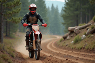 Jeune homme en équipement motocross avec moto en forêt