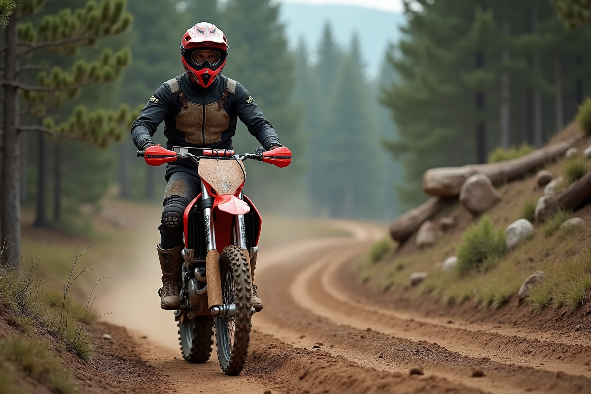Jeune homme en équipement motocross avec moto en forêt