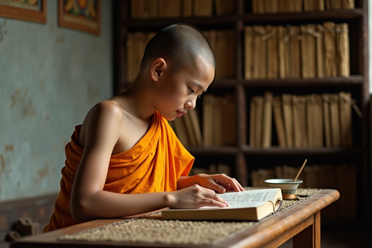 Jeune novice moine thaï en robe safran étudiant un manuscrit de feuilles de palmier dans une salle d'étude monastique traditionnelle en Thaïlande