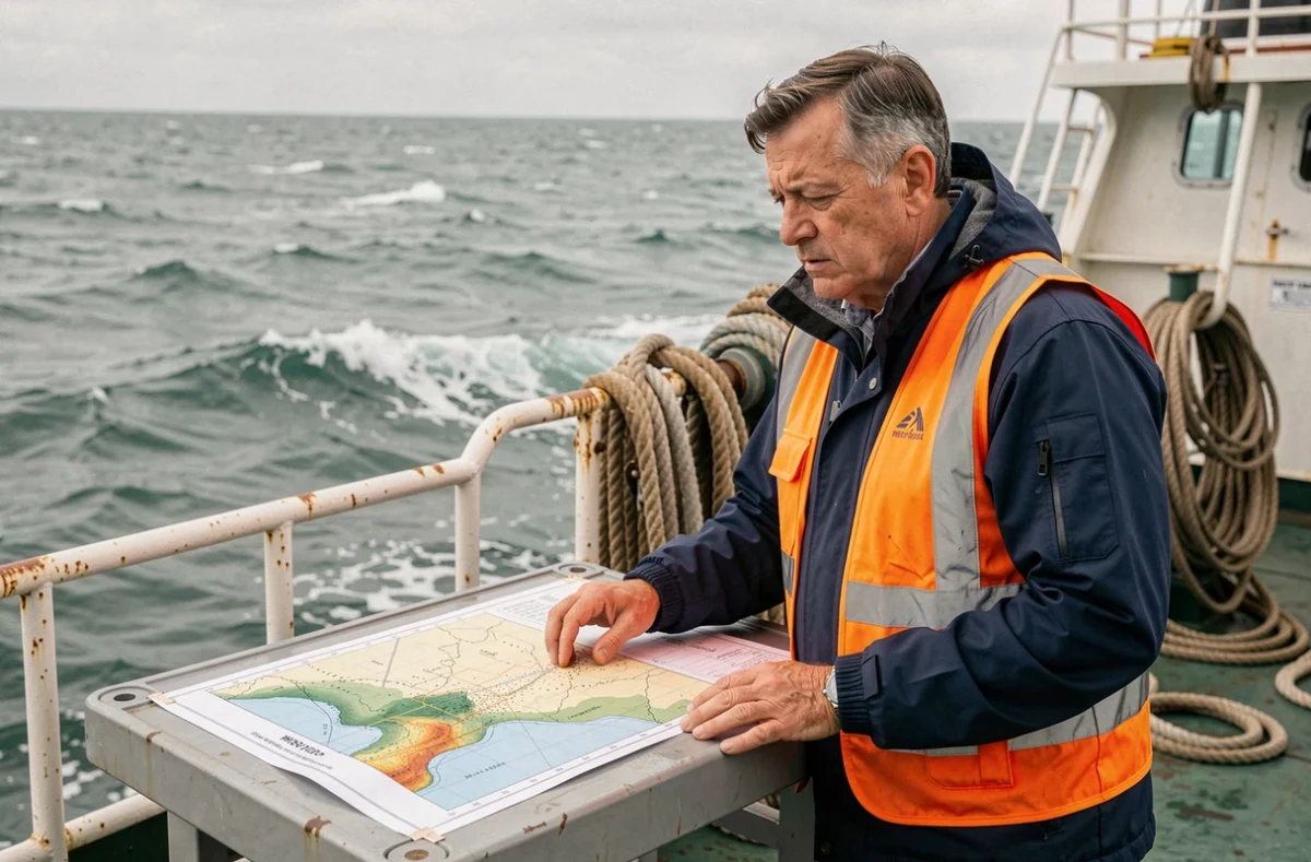 Océanographe étudiant des cartes bathymétriques à bord d'un navire de recherche pour analyser les risques de tsunami