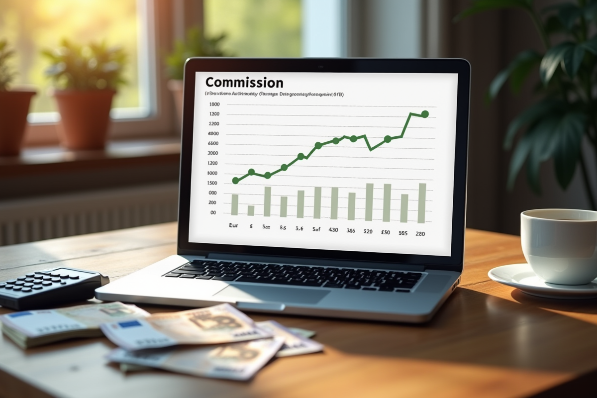 Ordinateur portable affichant un graphique de commission avec des euros