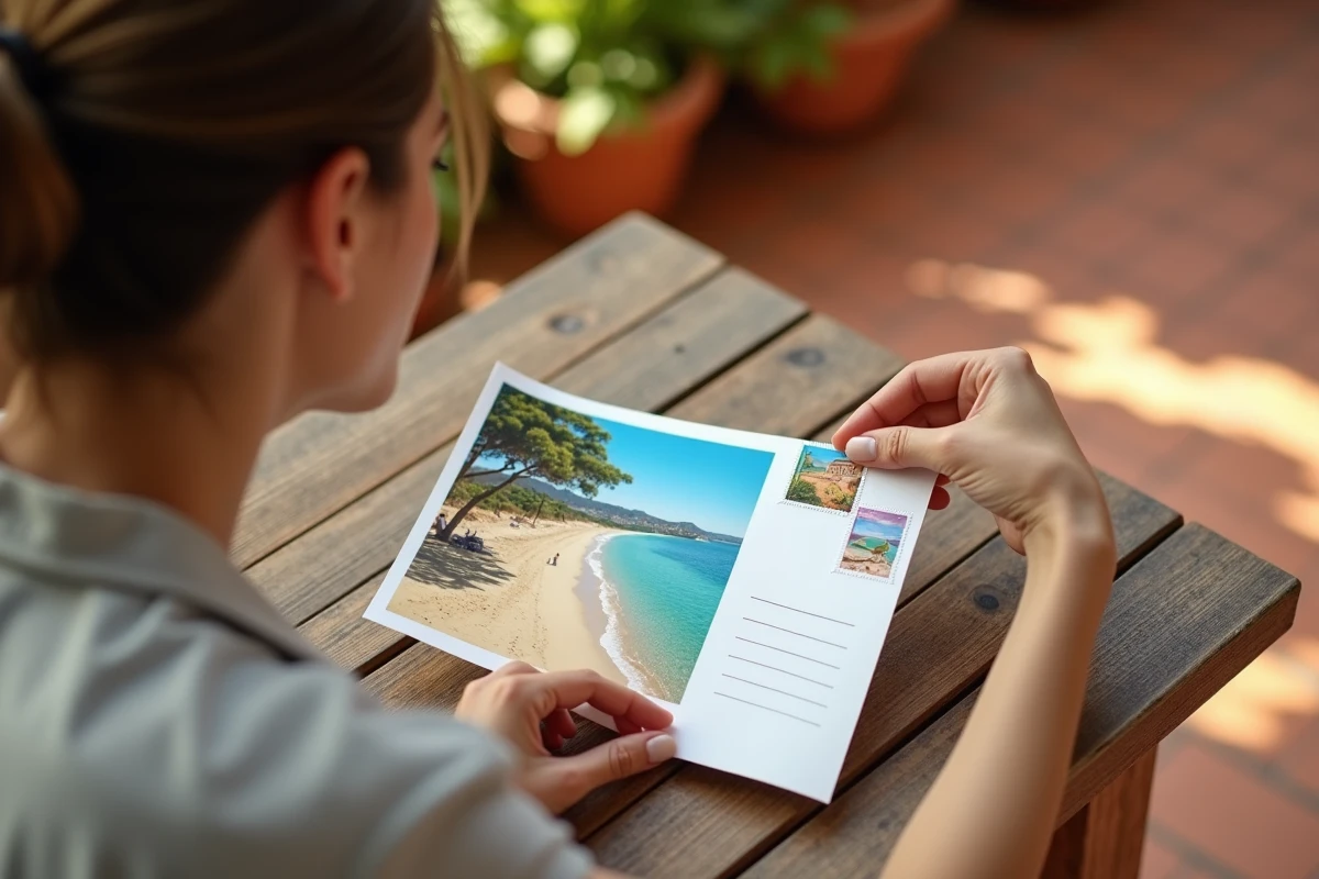Femme collant un timbre dans le coin supérieur droit d'une carte postale de vacances sans couvrir la photo